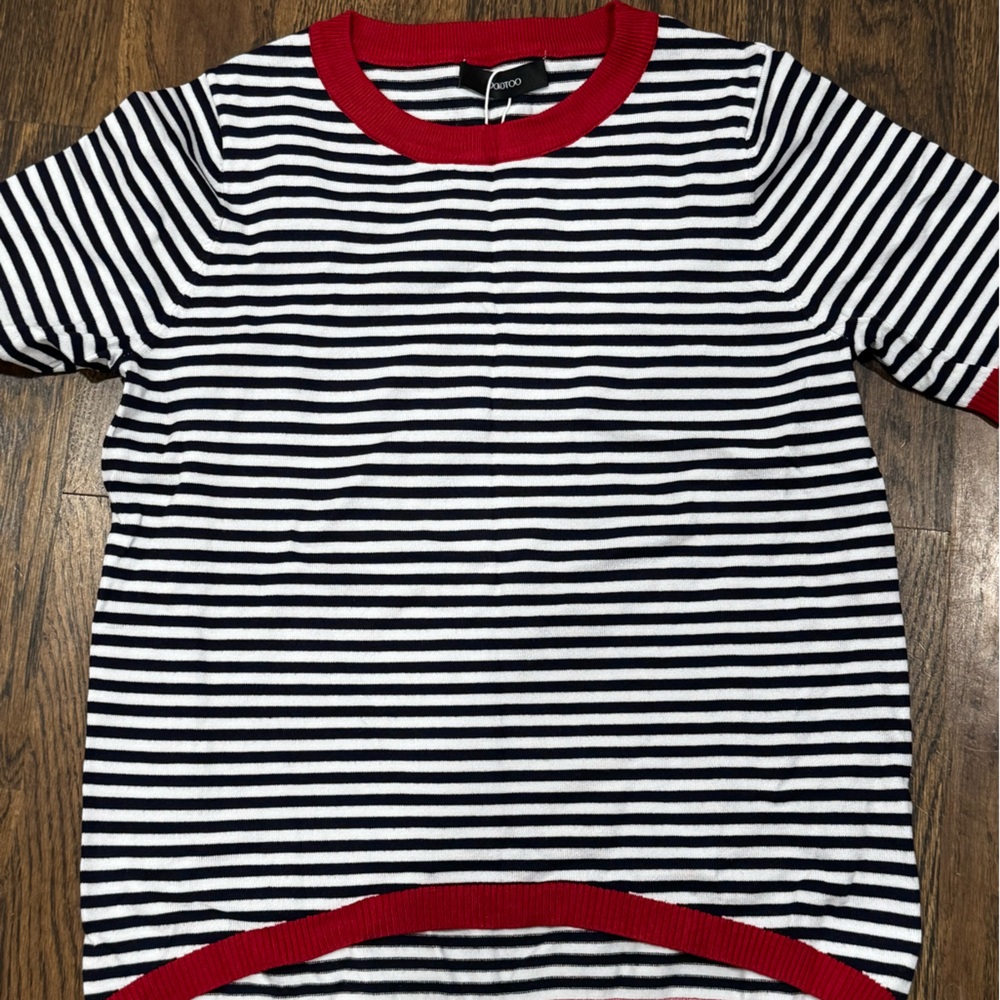 Striped Dokotoo Navy & White Crewneck Sweater with Red Trim